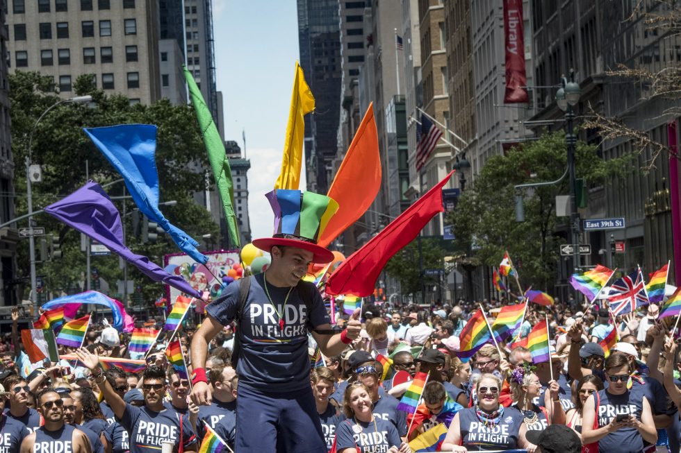 Delta Air Lines Employees take part in the Pride Parade, Sunday, June 25, 2017, in New York City. (John Amis,Rank Studios)